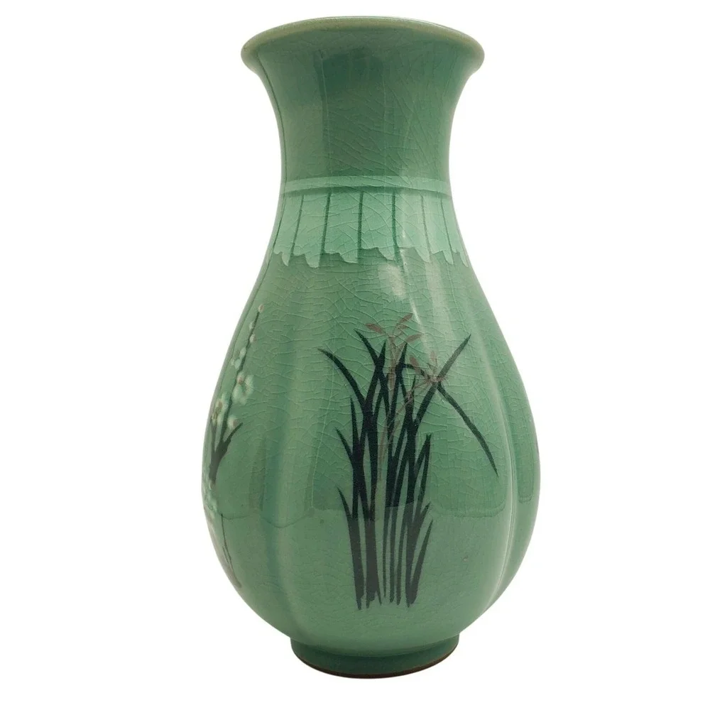 Korean Celadon Green Vase Cherry Blossom Flower Retro Bamboo Asian Pottery Vtg